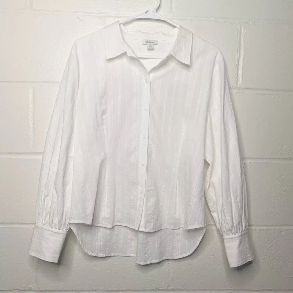 Sundance Size Large Petite White Ribbed Long Sleeve Button Down Shirt - Picture 2 of 12